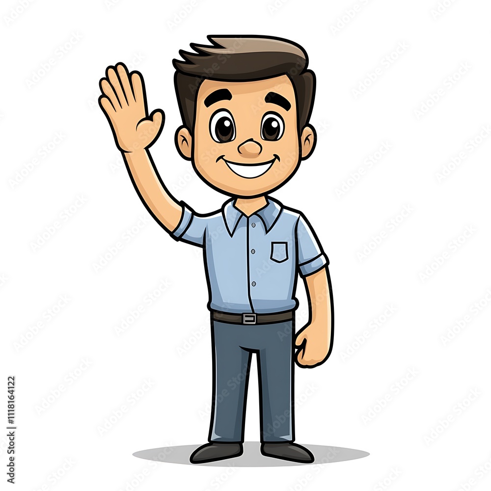 Cartoon staff member raising their hand on a white background