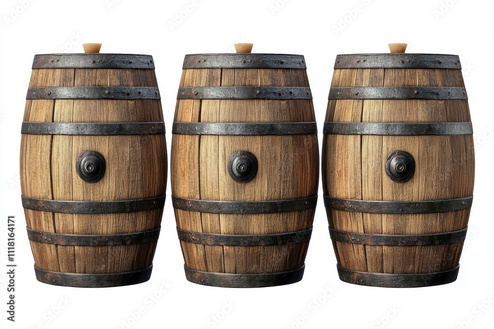 Obraz premium Set of wooden barrels isolated on a white background