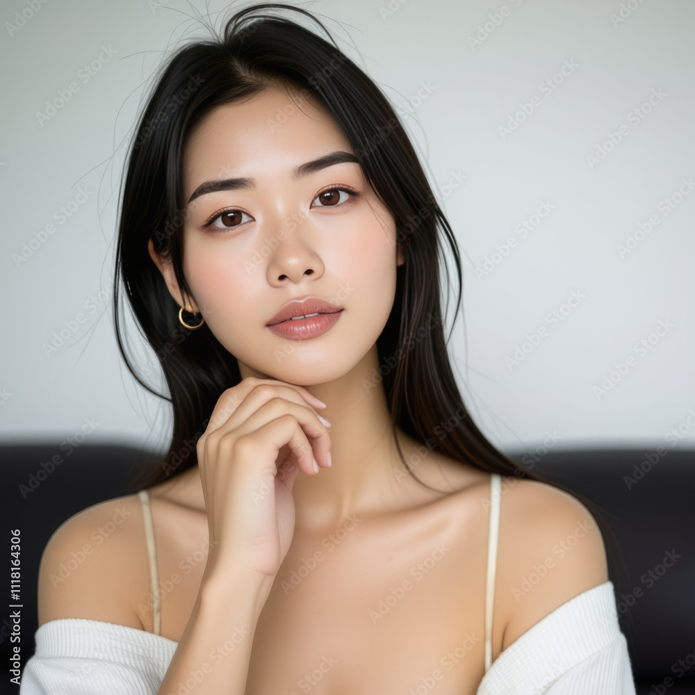 Portrait of a young Asian woman at home, close-up