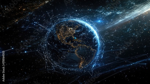 A stunning view of Earth illuminated by city lights, interconnected with glowing data lines, showcasing a digital universe. photo