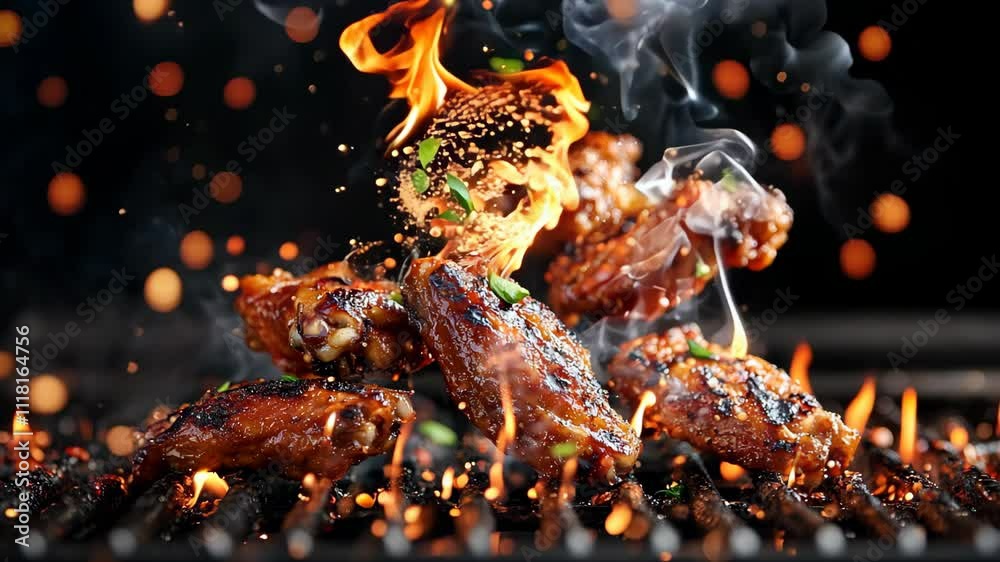 Sizzling Grilled Chicken Wings with Flames and Smoke in Slow Motion