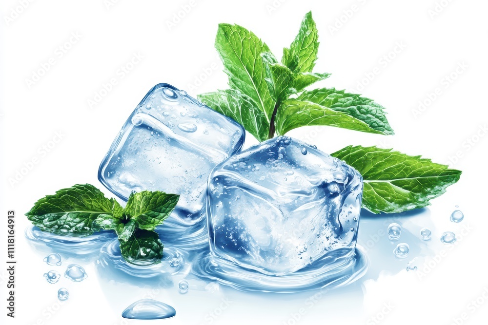 Set of ice cube with droplets of water and a sprig of fresh mint leaves isolated on white background Set of ice cube with droplets of water and a sprig of fresh mint leaves isolated on white background