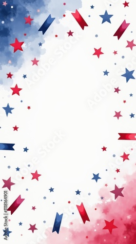 Watercolor patriotic USA flag border. American flag for national holidays. US banner or frame