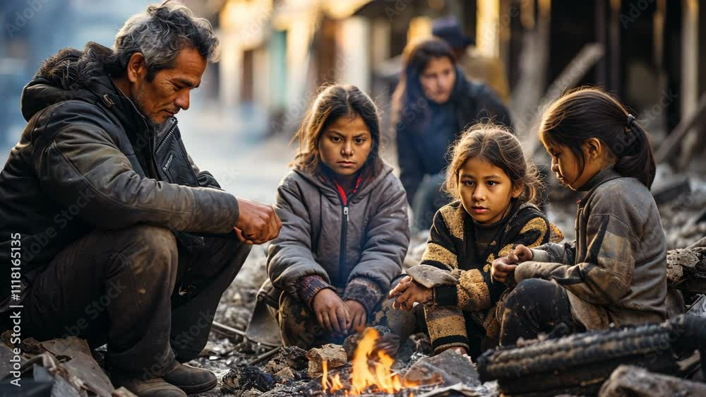 Community gathering around fire in a devastated urban area Community gathering around fire in a devastated urban area