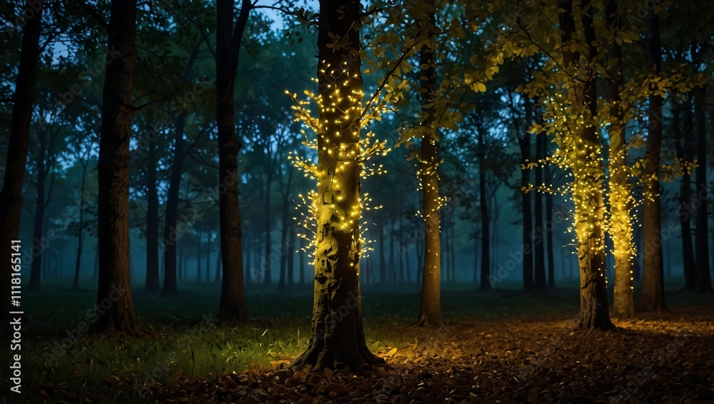 Fototapeta premium Enchanted Dusk: A Serene Forest Illuminated by Fairy Lights