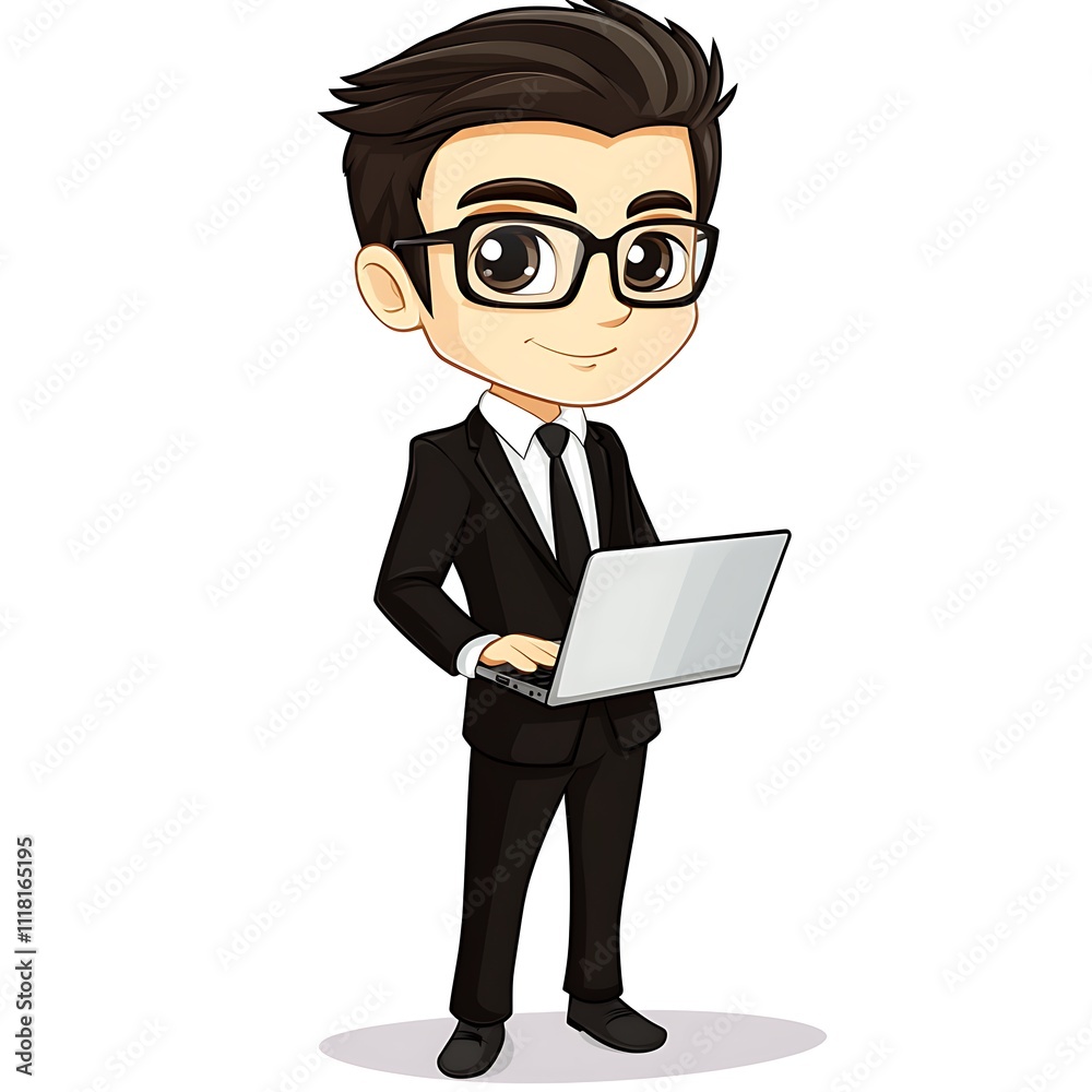 Office worker in a black suit with a tie, holding a phone, cartoon style, on a white background Office worker in a black suit with a tie, holding a phone, cartoon style, on a white background