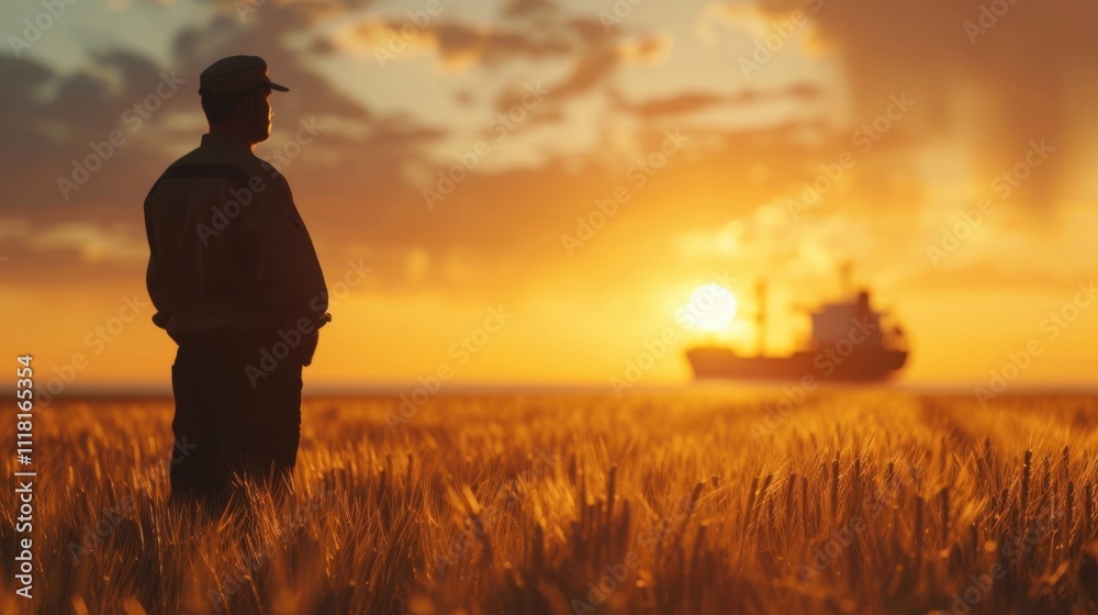A farmer standing proudly in front of a picturesque wheat field silhouetted against a backdrop of a cargo ship in the distance symbolizing the interdependence between agricultural A farmer standing proudly in front of a picturesque wheat field silhouetted against a backdrop of a cargo ship in the distance symbolizing the interdependence between agricultural