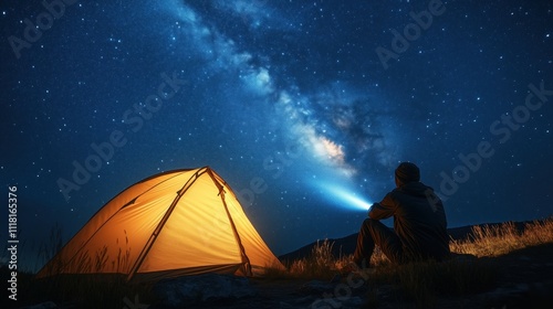 Camper shines a flashlight beam towards the milky way galaxy, sitting beside his glowing tent under a stunning starry night sky