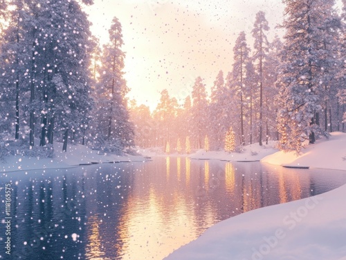 Serene winter sunrise over snow-covered pine forest and calm river.