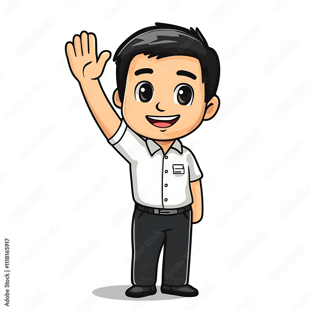 Cartoon staff member raising their hand on a white background Cartoon staff member raising their hand on a white background