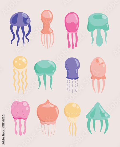 Set of jellyfishes. Green, pink, blue and yellow medusa. Underwater life, fauna and wildlife. Sea or ocean. Aquatic habitats. Flat vector collection