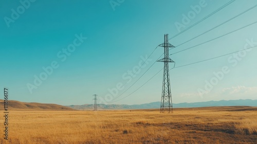 High Voltage Steel Power Line in Open Landscape