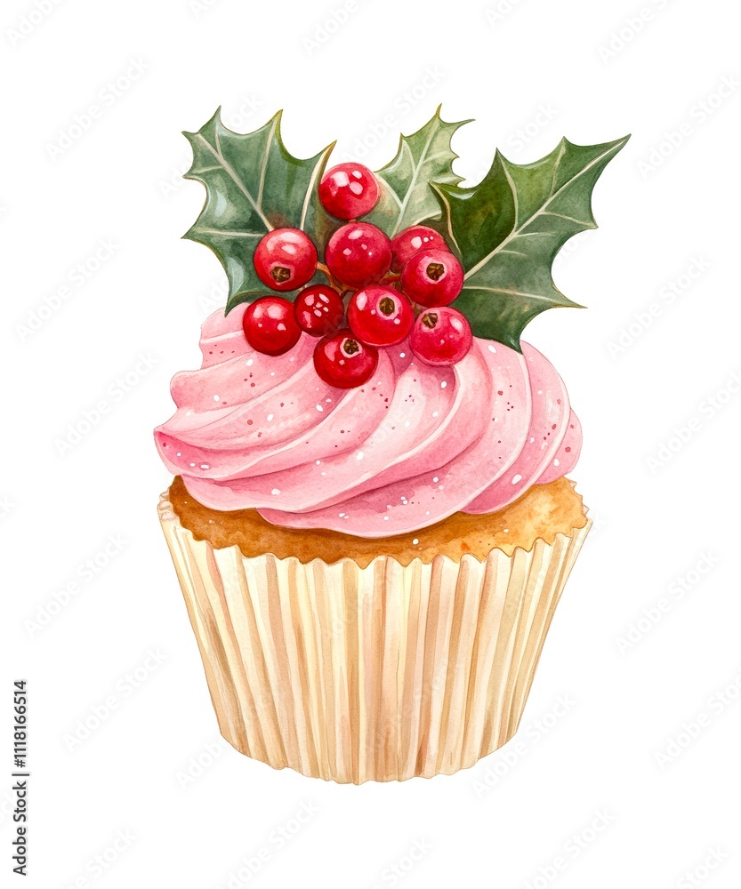 Watercolor illustration of a Christmas cupcake with whipped cream decorated with holly berries and leaves isolated on white background. Watercolor illustration of a Christmas cupcake with whipped cream decorated with holly berries and leaves isolated on white background.
