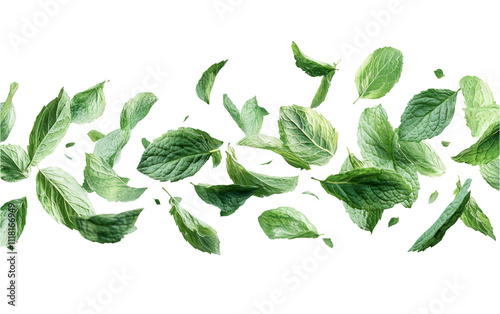 Fresh Mint Leaves Flying on Transparent Background