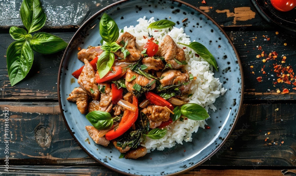 A beautifully plated dish of Thai basil chicken stir-fry with red peppers, basil leaves, and a touch of hot chili, captured on a dark, rustic background for a mouth-watering effect A beautifully plated dish of Thai basil chicken stir-fry with red peppers, basil leaves, and a touch of hot chili, captured on a dark, rustic background for a mouth-watering effect