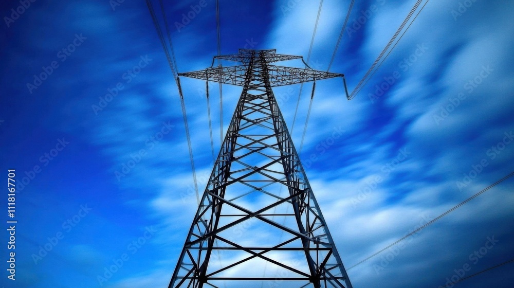 Tall Metal Pylon Against Blue Sky with Clouds Tall Metal Pylon Against Blue Sky with Clouds