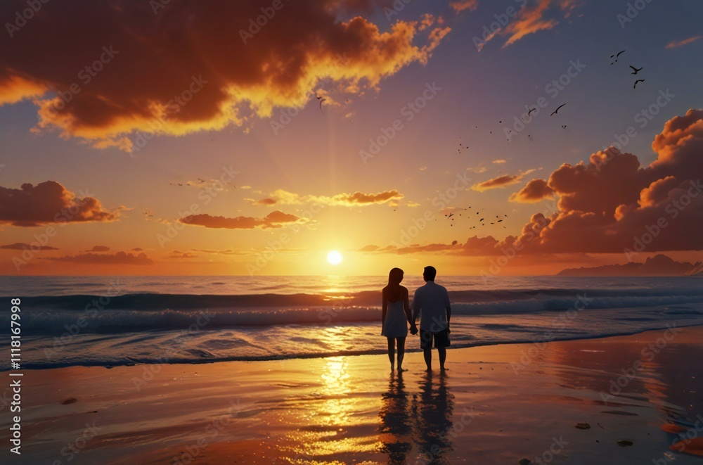 couple on the beach at sunset couple on the beach at sunset