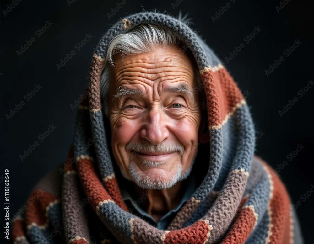 Elderly man smiles happily wrapped in cozy blanket. Contentment, compassion radiate from face. Portrait style photo captures positive emotion in senior person. Image conveys warm feelings of comfort,