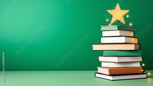 Wallpaper Mural Stack of books decorated with star and lights against green background, symbolizing wisdom and creativity, perfect for educational themes. Torontodigital.ca