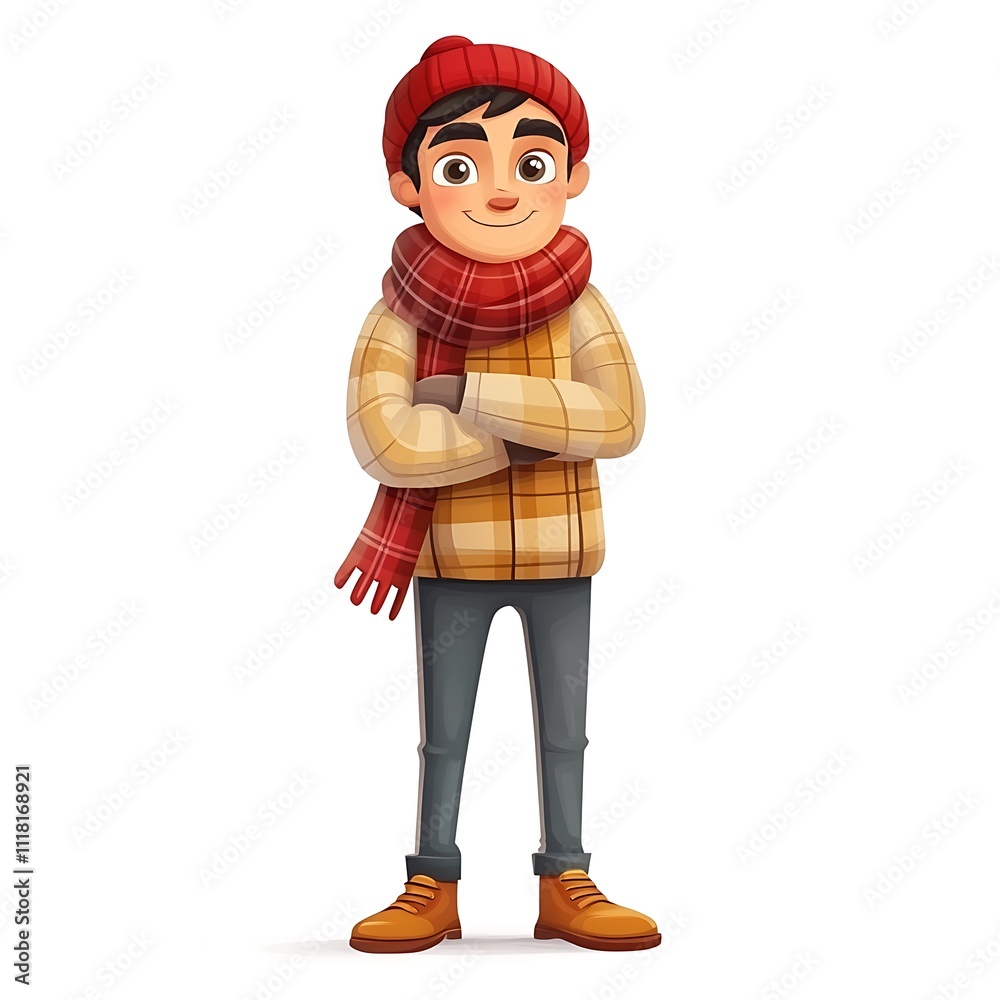 Cartoon man in a plaid scarf and red hat, standing with arms folded on a white background Cartoon man in a plaid scarf and red hat, standing with arms folded on a white background
