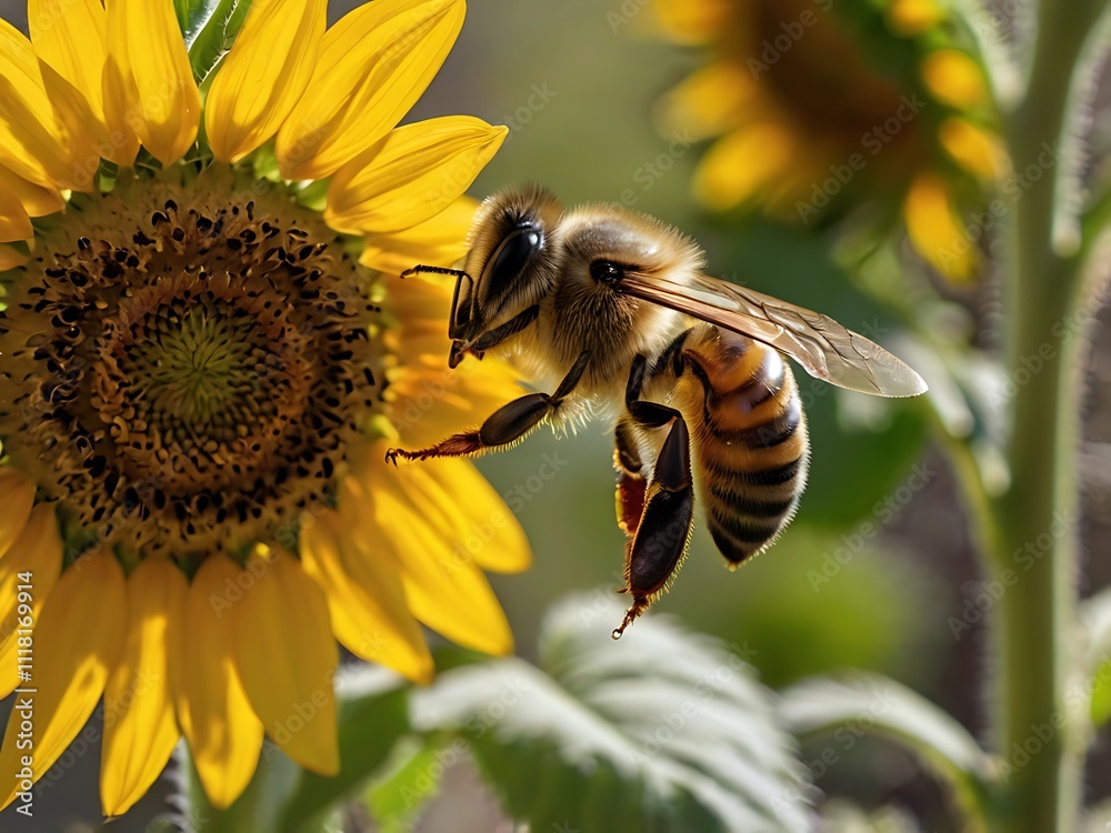 Honeybee in Flight Near Sunflower Blossom Honeybee in Flight Near Sunflower Blossom