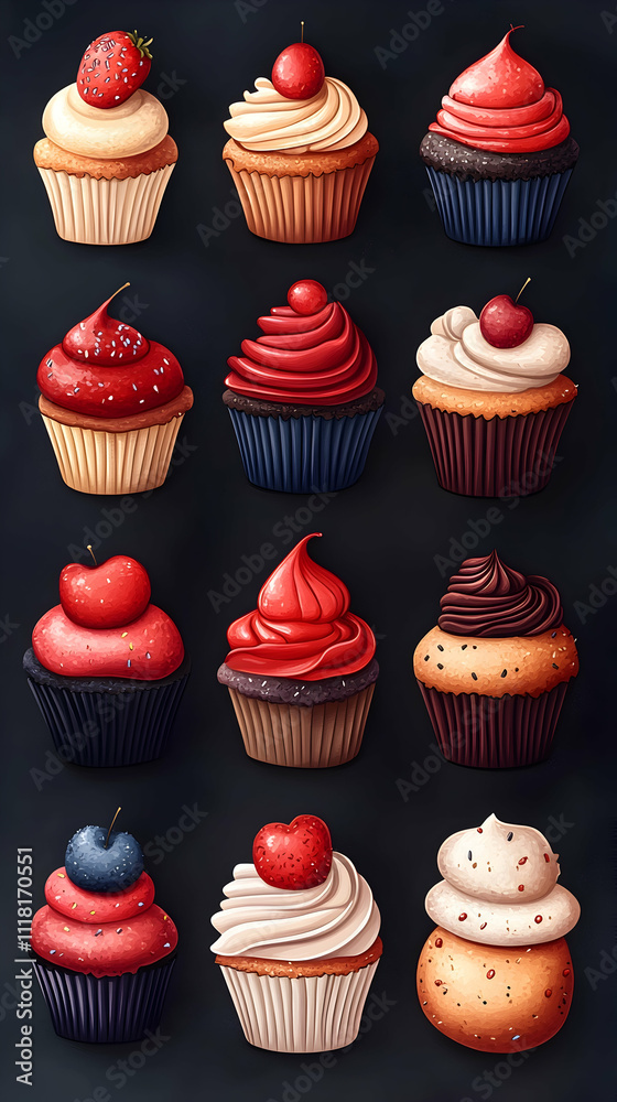 Twelve assorted cupcakes with various frostings and toppings. Twelve assorted cupcakes with various frostings and toppings.