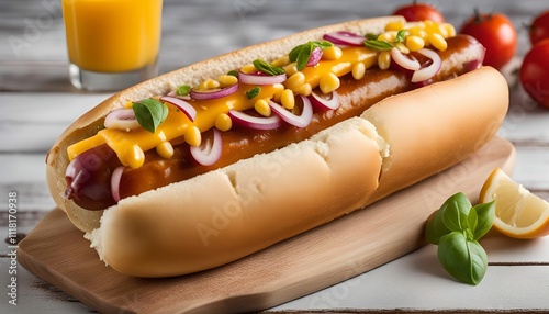 Delicious Hot Dog with Cheese and Corn photo