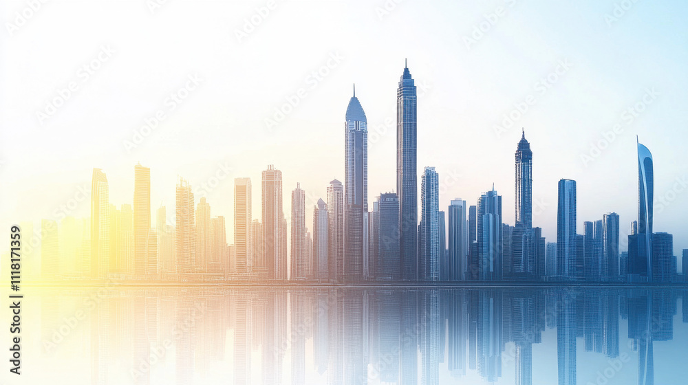 Panoramic view of a modern city skyline with skyscrapers reflected in calm water, illuminated by soft sunrise light transitioning from warm yellow to cool blue tones. Panoramic view of a modern city skyline with skyscrapers reflected in calm water, illuminated by soft sunrise light transitioning from warm yellow to cool blue tones.