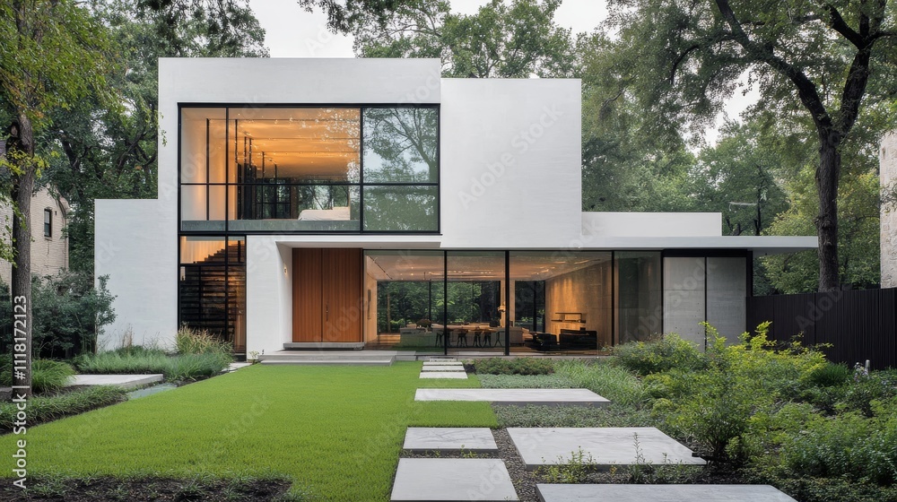 Modern Two-Story Minimalist House Design White Cube Architecture with Expansive Glass Windows and Green Landscape,Modern Architecture, Contemporary Home Design
