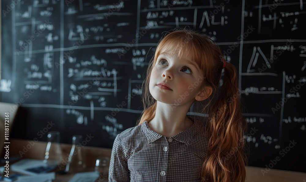 A young girl stands in front of a chalkboard filled with mathematical equations and diagrams, embodying curiosity and learning. back to school and STEM education concept A young girl stands in front of a chalkboard filled with mathematical equations and diagrams, embodying curiosity and learning. back to school and STEM education concept