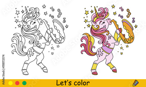 Kids coloring with color template unicorn plays the saxophone