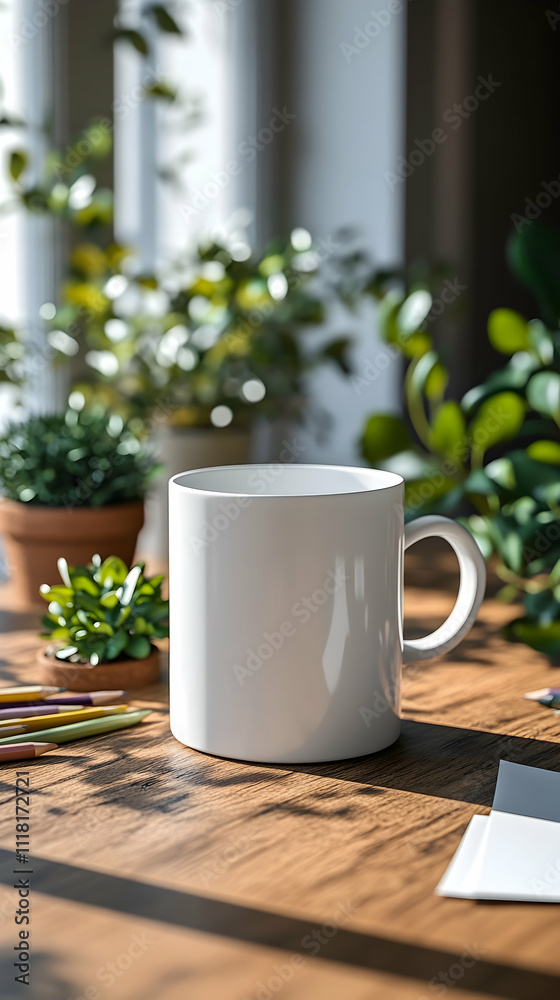 White mug on wooden table with plants. White mug on wooden table with plants.