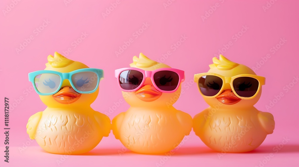 Fototapeta premium Three sunglasses wearing toys are isolated on a pink studio backdrop