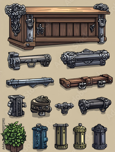 Wooden chest and various metallic components.