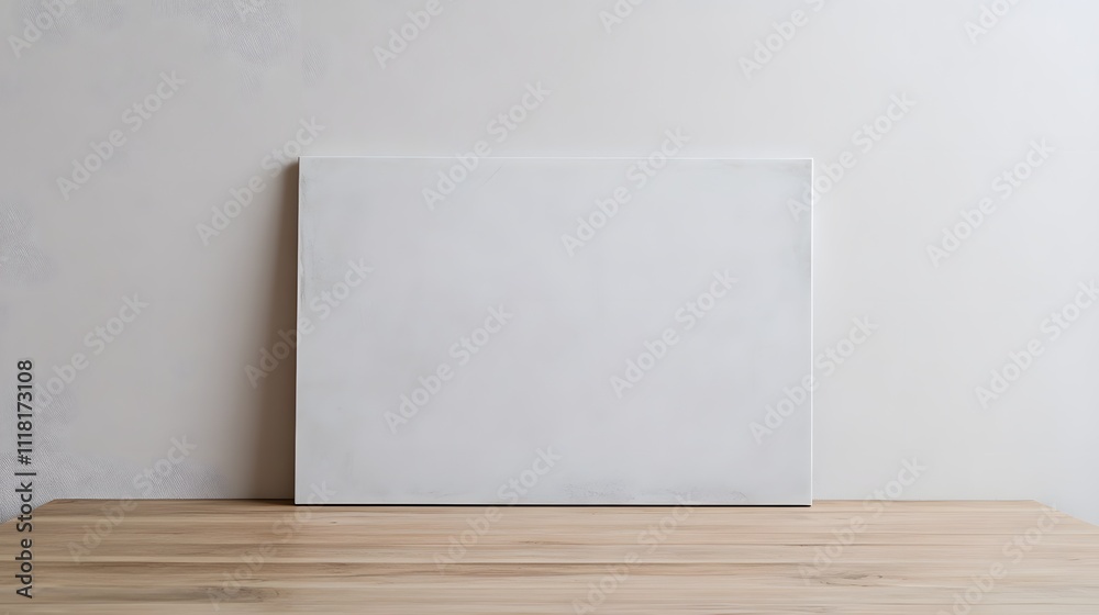 White Canvas Against Light Wall on Wooden Table White Canvas Against Light Wall on Wooden Table