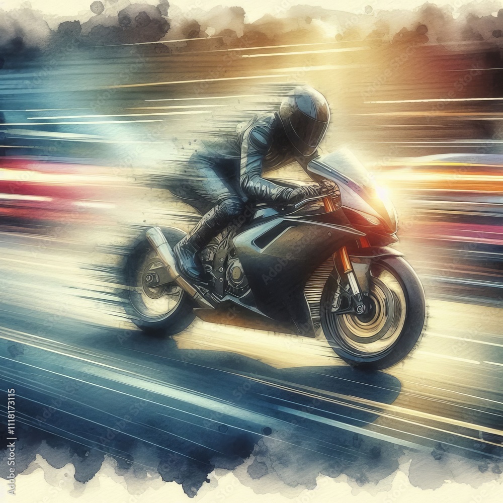 Fototapeta premium Motion Photography Watercolor A speeding bike with a soft painte