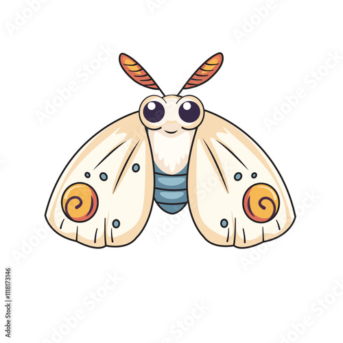 Cute Moth Cartoon Kawaii Sticker. Character Vector Illustration
