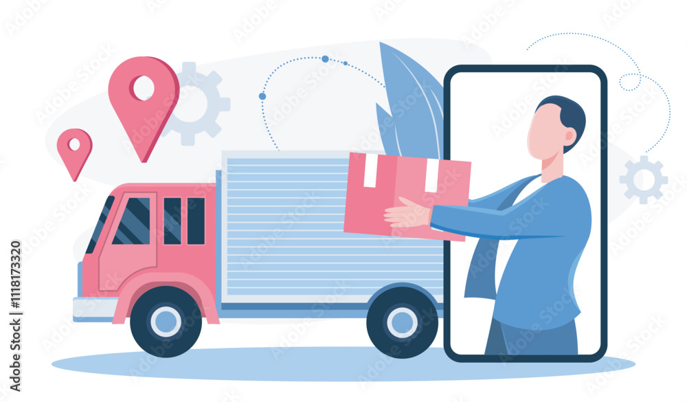 Logistic delivery service. Man with box on smartphone screen near truck. Shipping and transportation. Import and export. Flat vector illustration Logistic delivery service. Man with box on smartphone screen near truck. Shipping and transportation. Import and export. Flat vector illustration