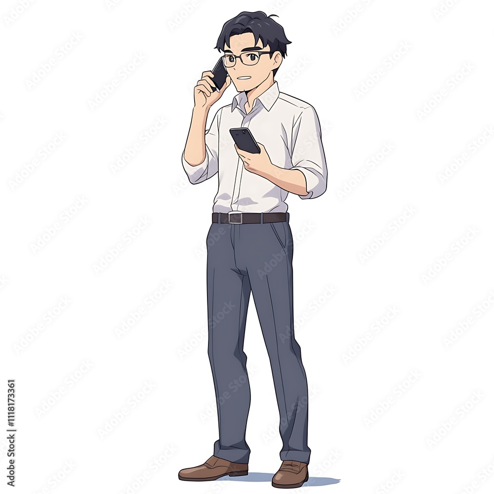 Anime sales guy in business casual wear, standing and holding a smartphone to make a call on a white background. Anime sales guy in business casual wear, standing and holding a smartphone to make a call on a white background.
