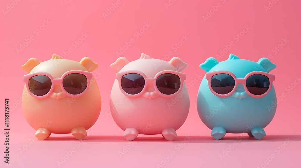 Obraz premium Three sunglasses wearing toys are isolated on a pink studio backdrop