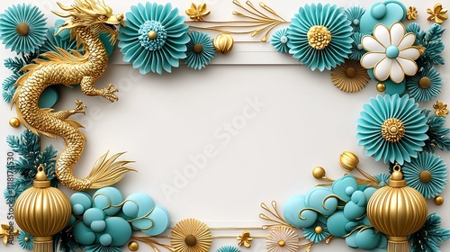 Chinese New year backdrop concept. A decorative frame featuring a golden dragon, turquoise flowers, and elegant ornaments, creating a vibrant and artistic presentation.