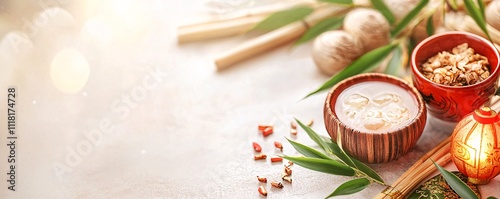 Chinese New year backdrop concept. Soothing spa arrangement featuring natural ingredients and decor in warm tones, ideal for wellness and relaxation themes. photo