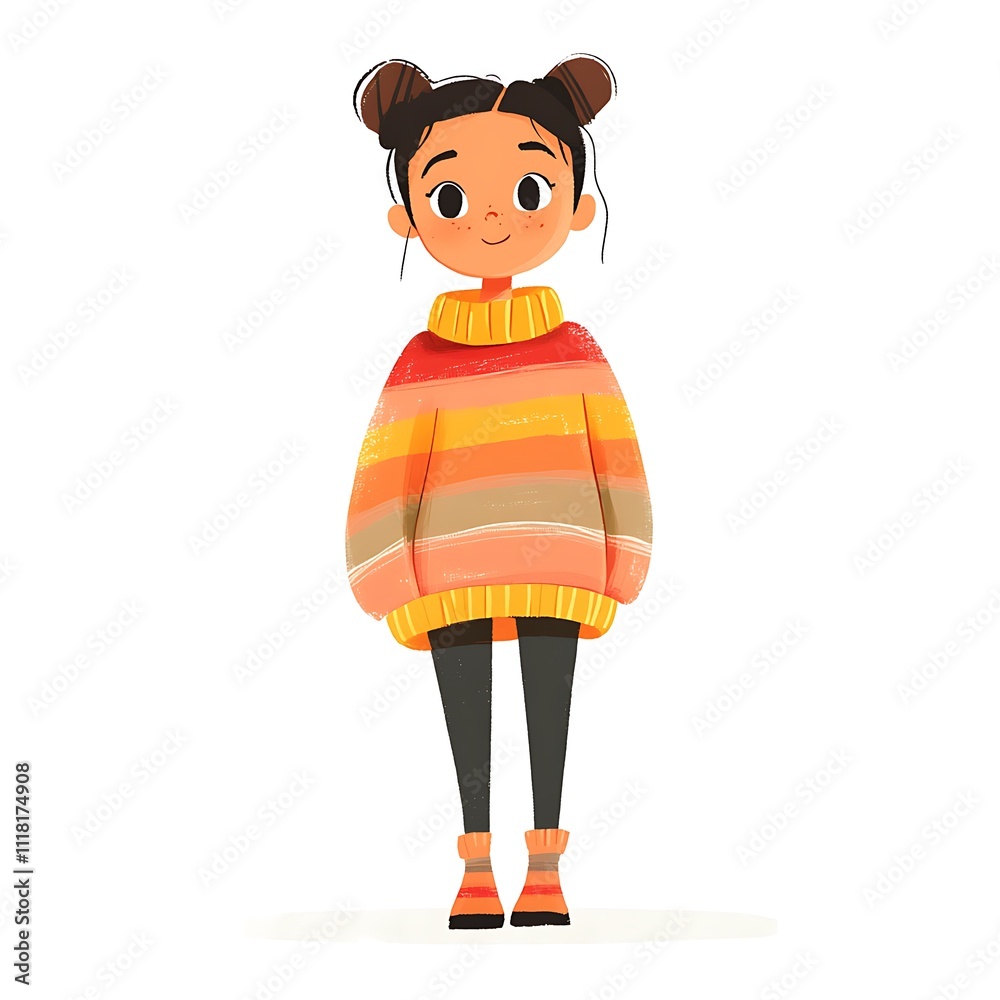 Cartoon young girl in a bright oversized sweater on a white background. Cartoon young girl in a bright oversized sweater on a white background.