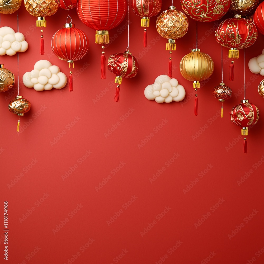 Chinese New year backdrop concept. Festive red background adorned with traditional Chinese lanterns and decorative clouds, perfect for celebrating Lunar New Year or festive occasions. Chinese New year backdrop concept. Festive red background adorned with traditional Chinese lanterns and decorative clouds, perfect for celebrating Lunar New Year or festive occasions.