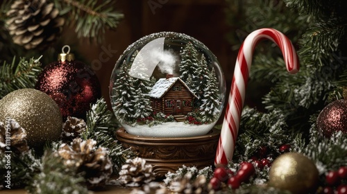 Snow Globe Christmas Scene Cabin in Winter Wonderland, Composition of Festive Ornaments, Candy Cane, Keywords Christmas, Holiday