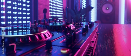 A DJ console bathed in neon and pink lights vibrates with energy, capturing the nightlife spirit and rhythm of a lively music scene. photo