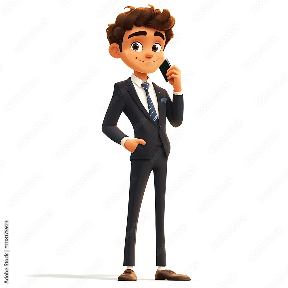 Cartoon sales guy in a formal suit, standing with a phone in hand discussing business on a white background. Cartoon sales guy in a formal suit, standing with a phone in hand discussing business on a white background.