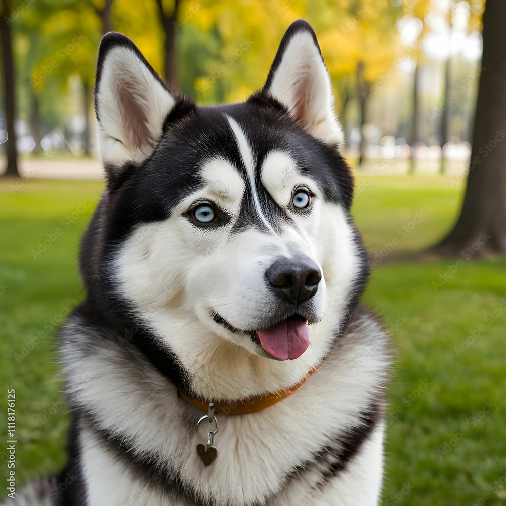 Vertical portrait of a Siberian Husky dog in the park Vertical portrait of a Siberian Husky dog in the park