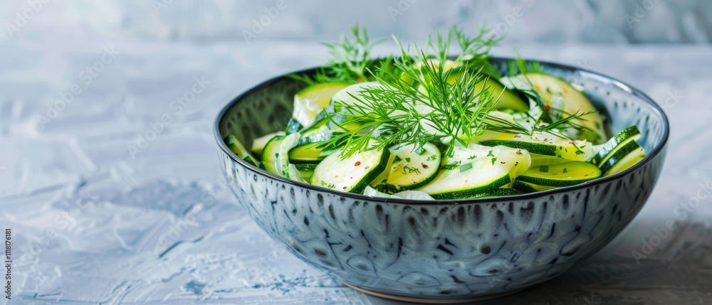 Obraz premium A fresh, vibrant cucumber salad in a textured ceramic bowl garnished with dill, showcasing a delicious and healthy culinary delight.