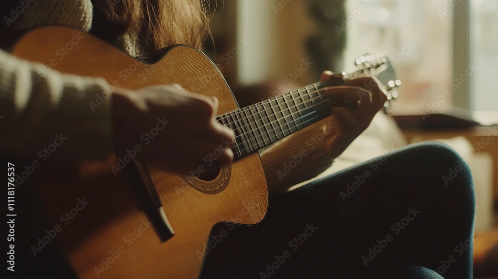 Fototapeta premium A woman is playing a guitar in a living room
